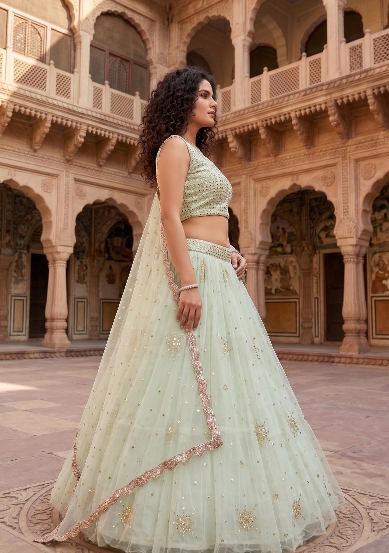 Aqua Green Embroidered Net Lehenga Set - Indya