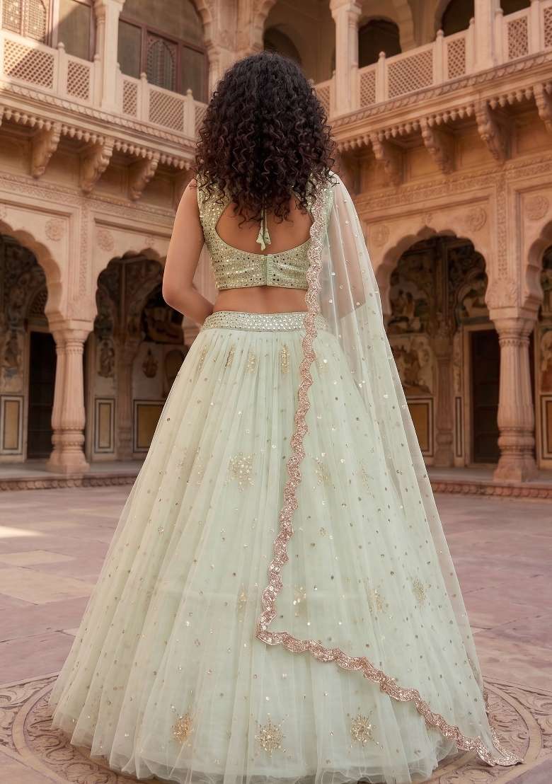 Aqua Green Net Lehenga Set with Embroidered for Diwali | Wedding & Festive Wear - Indya
