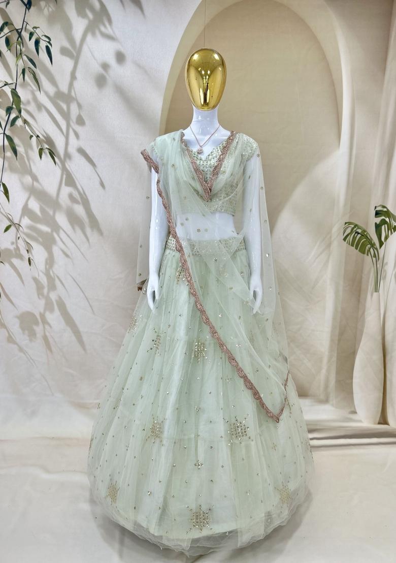 Aqua Green Embroidered Net Lehenga Set - Indya
