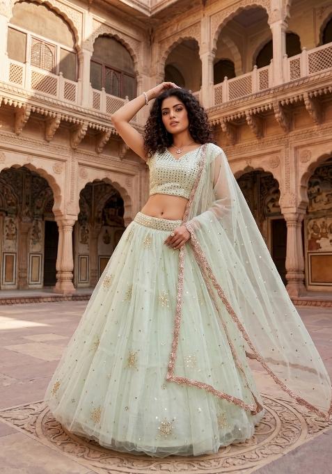 Aqua Green Embroidered Net Lehenga Set