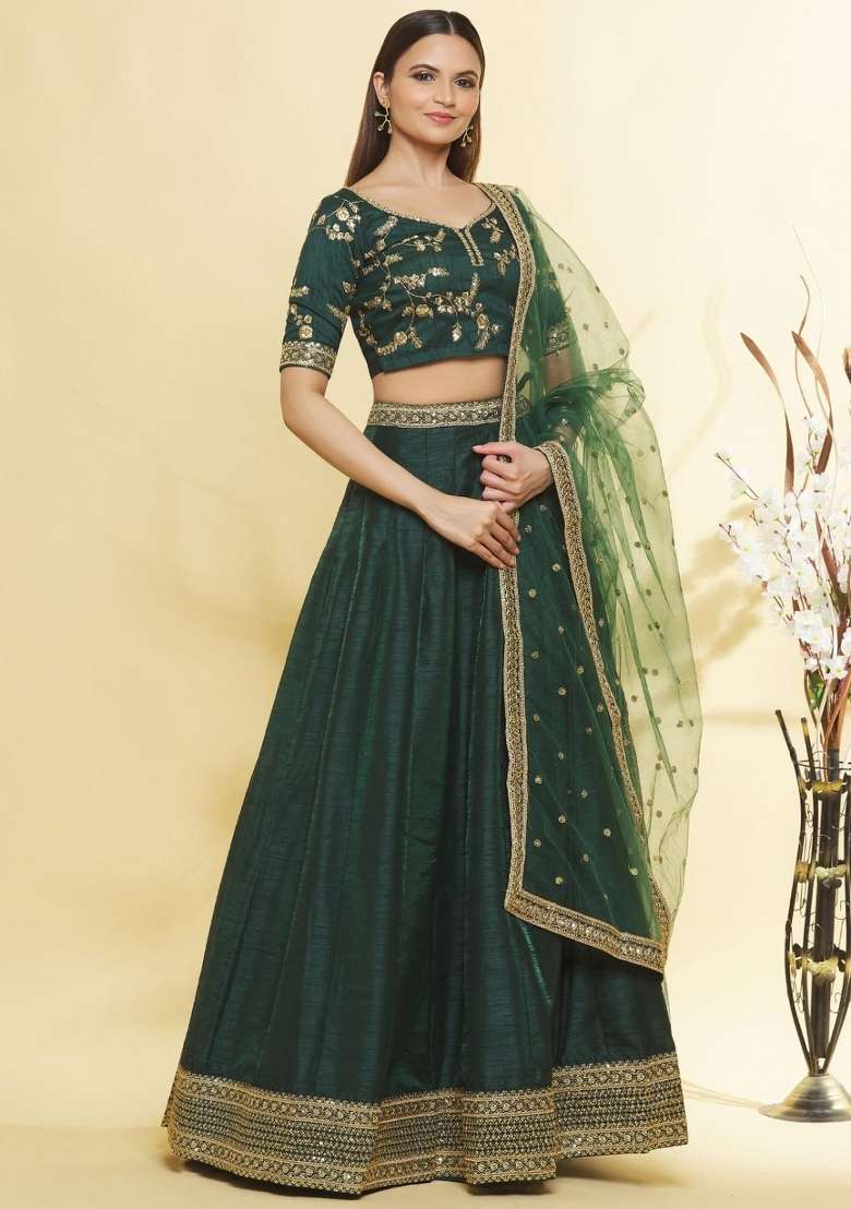 Green Embroidered Silk Lehenga Set for Diwali and Festive Wear - Indya