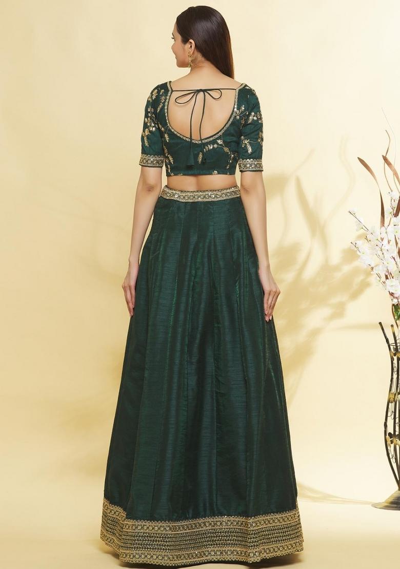 Green Embroidered Silk Lehenga Set - Indya