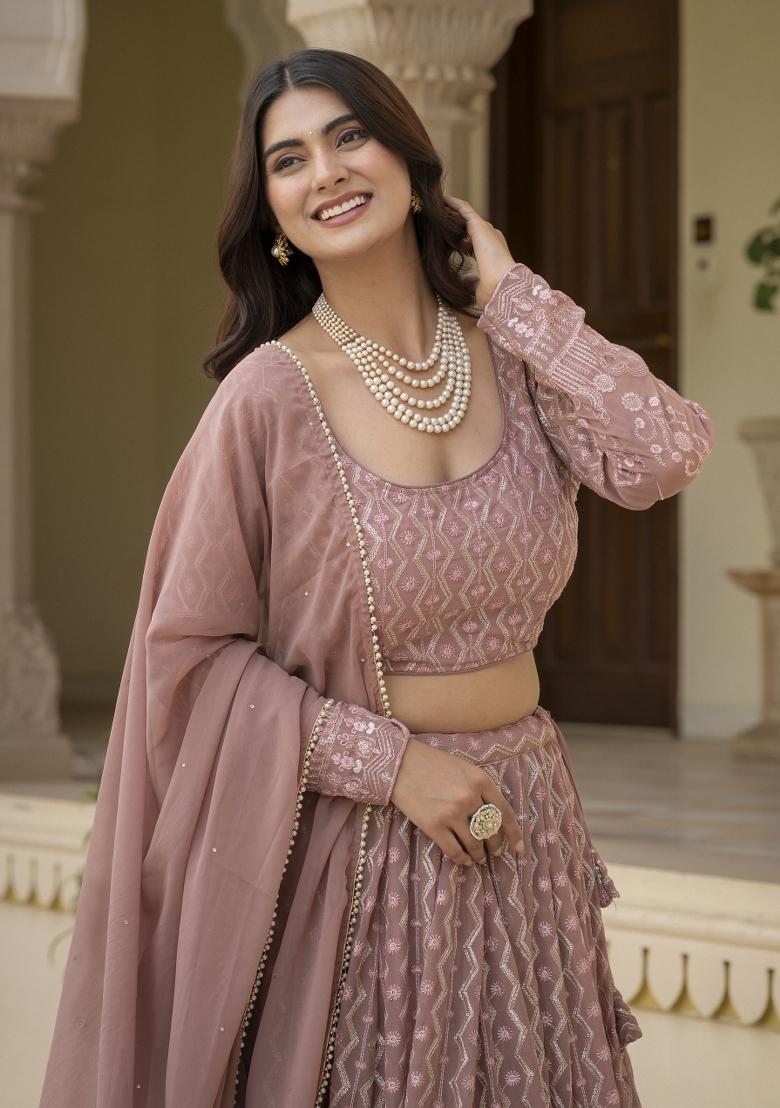 Dusty Pink Faux Blooming Lehenga Set - Indya