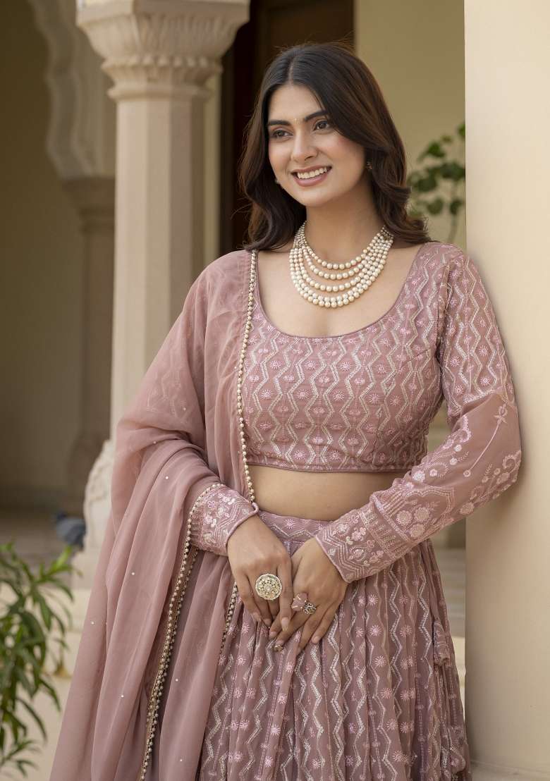 Dusty Pink Faux Blooming Lehenga Set for Diwali | Wedding & Festive Wear - Indya