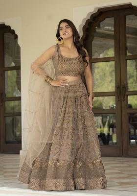 Brown Embroidered Net Lehenga Set