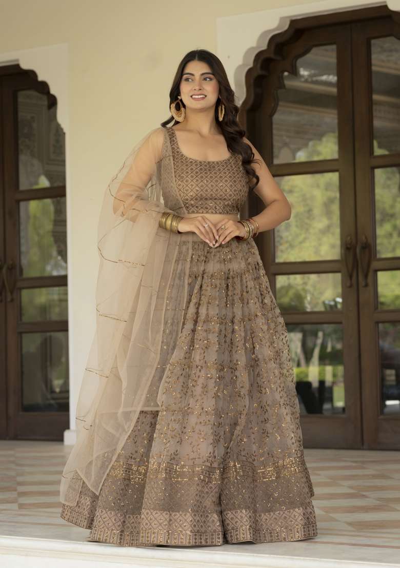 Brown Embroidered Net Lehenga Set for Diwali and Festive Wear - Indya