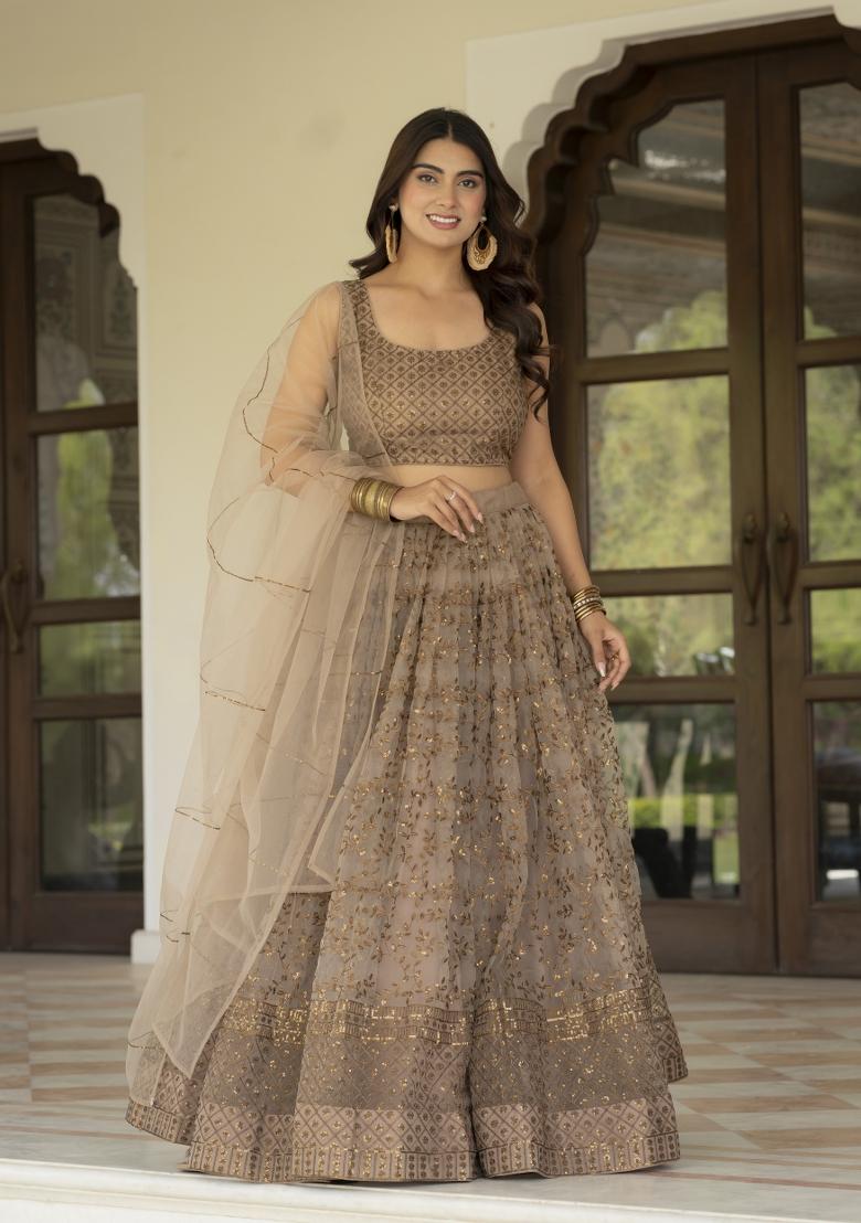 Brown Embroidered Net Lehenga Set - Indya