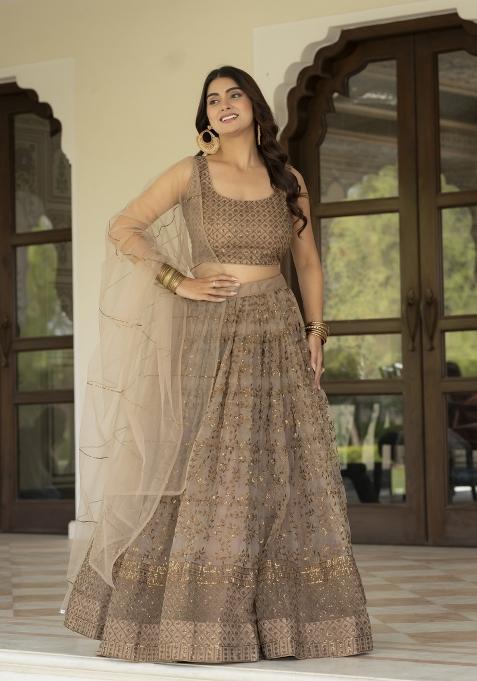 Brown Embroidered Net Lehenga Set