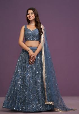 Steel Blue Embroidered Net Lehenga Set