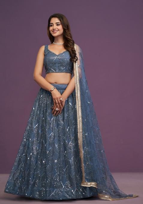 Steel Blue Embroidered Net Lehenga Set
