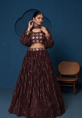Deep Maroon Embroidered Faux Blooming Lehenga Set