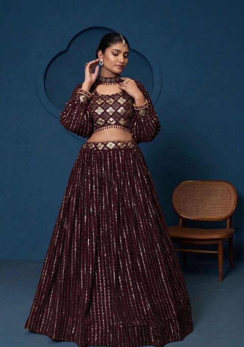 Deep Maroon Faux Blooming Lehenga Set with Embroidered for Diwali | Wedding & Festive Wear - Indya