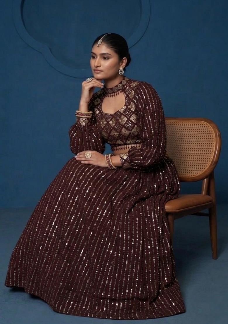 Deep Maroon Embroidered Faux Blooming Lehenga Set - Indya