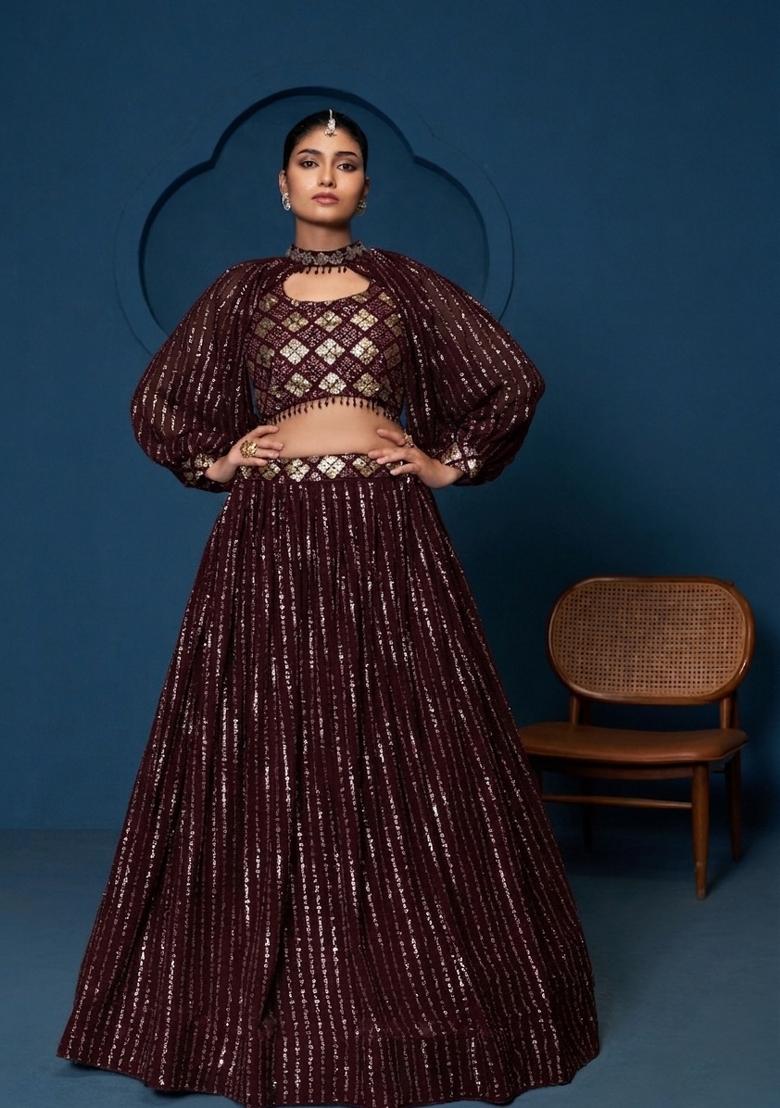 Deep Maroon Embroidered Faux Blooming Lehenga Set - Indya