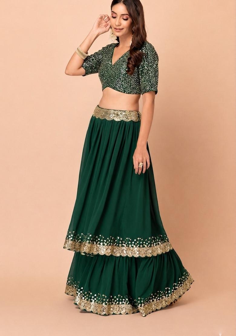 Green Embroidered Faux Blooming Lehenga Set - Indya