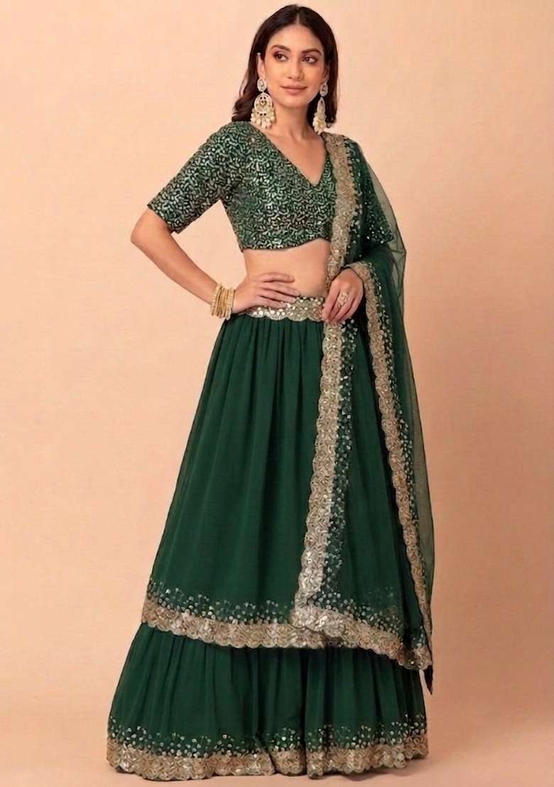 Green Embroidered Faux Blooming Lehenga Set for Diwali and Festive Wear - Indya