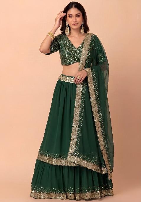 Green Embroidered Faux Blooming Lehenga Set