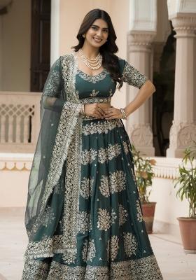 Dark Green Embroidered Crepe Lehenga Set