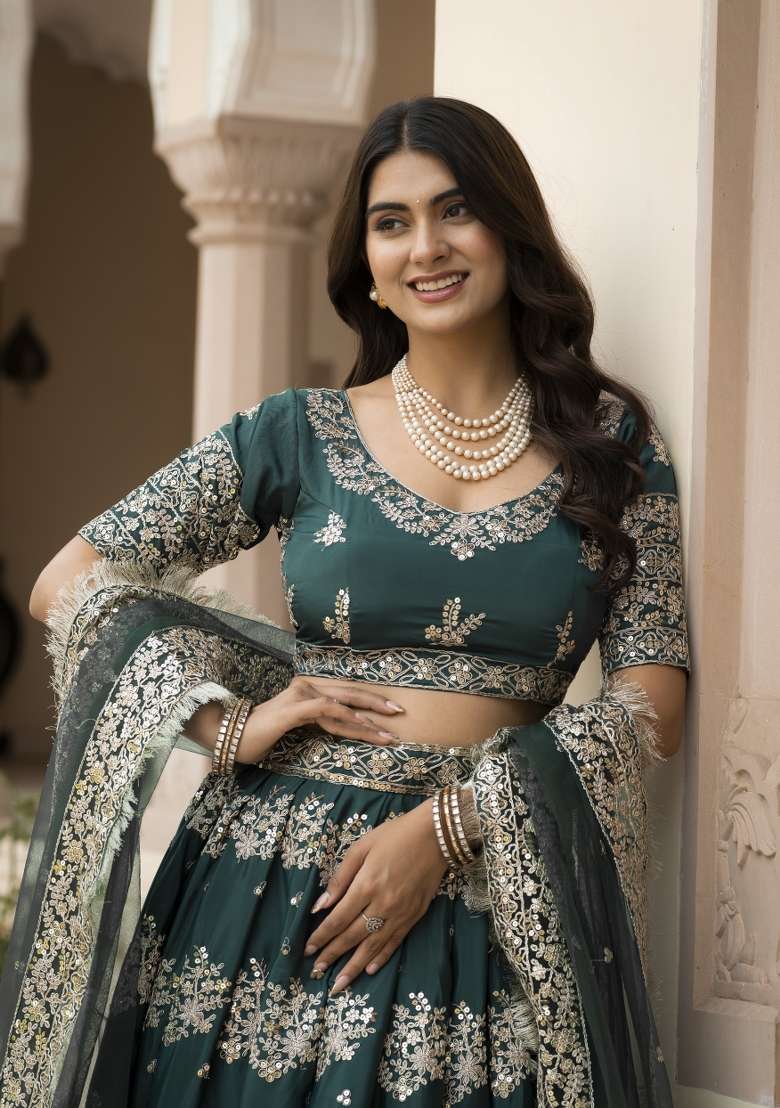 Dark Green Crepe Lehenga Set with Embroidered for Diwali | Wedding & Festive Wear - Indya
