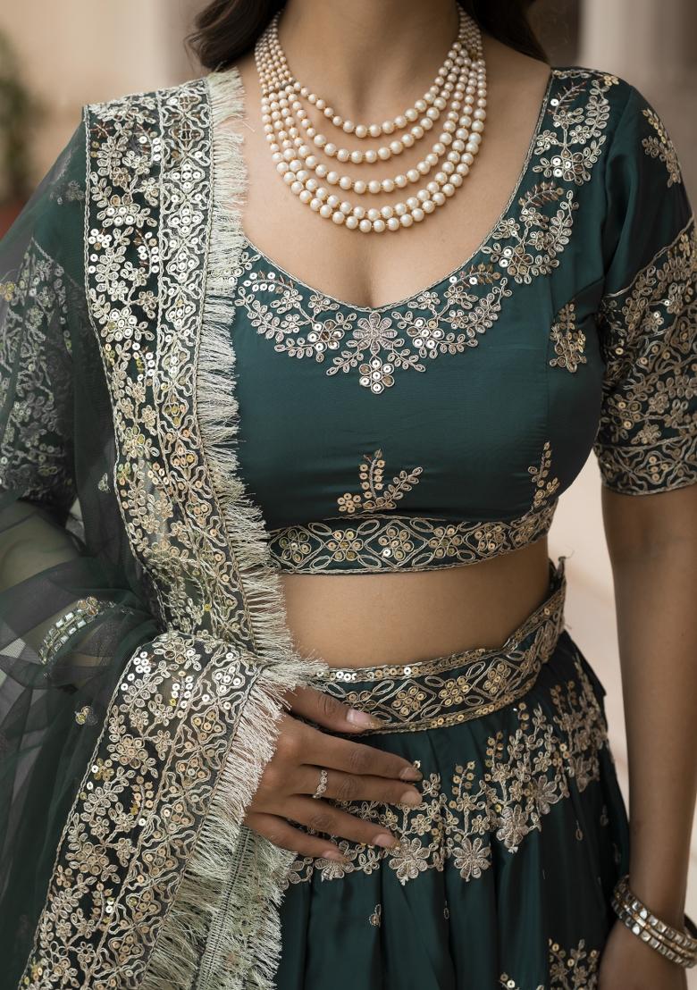 Dark Green Embroidered Crepe Lehenga Set - Indya