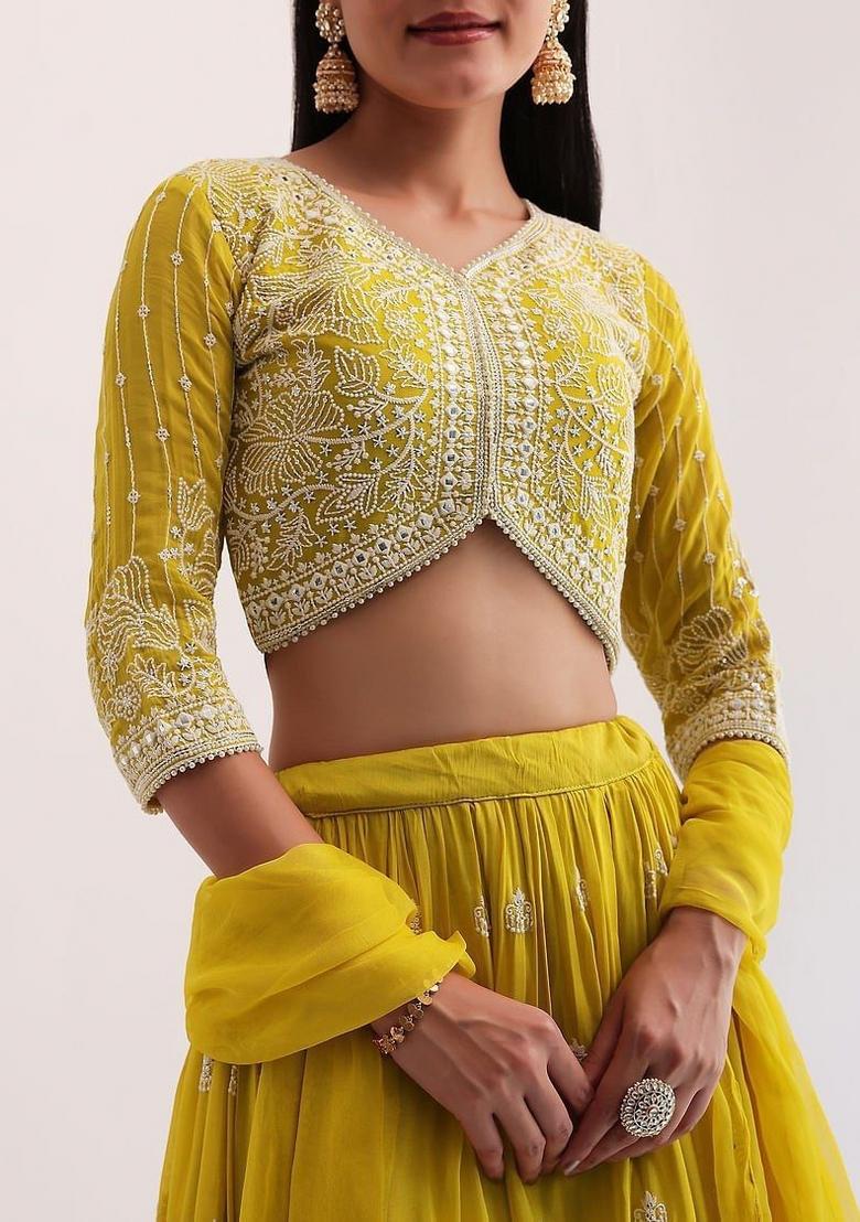 Mustard Embroidered Faux Blooming Lehenga Set - Indya