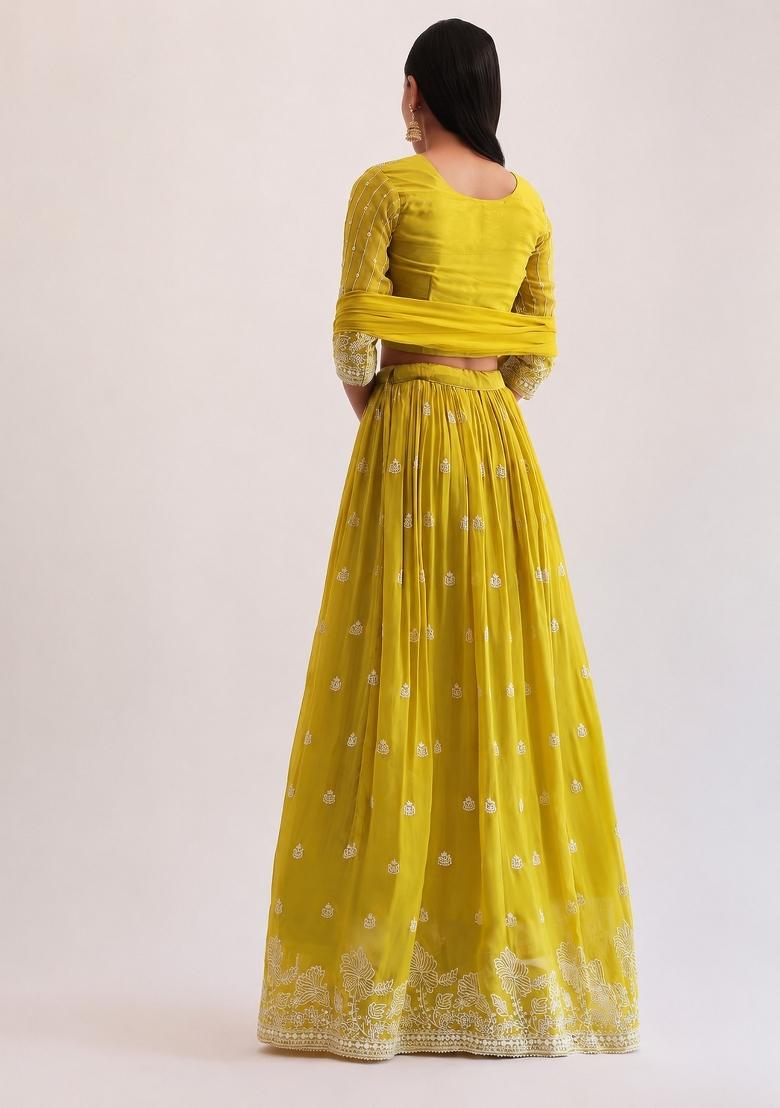 Mustard Embroidered Faux Blooming Lehenga Set - Indya
