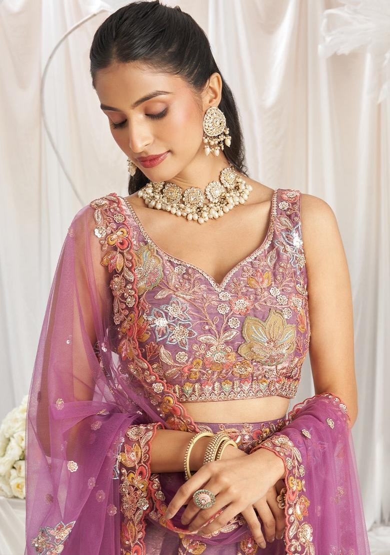 Lavender Embroidered Silk Lehenga Set - Indya