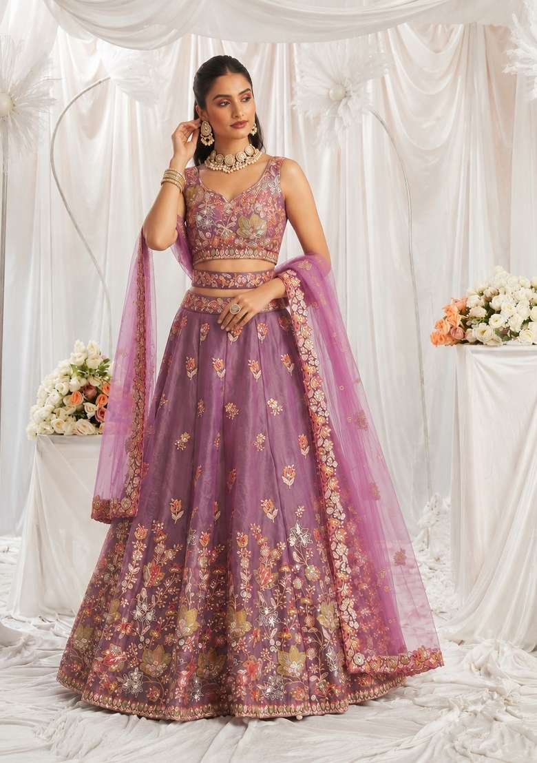 Lavender Silk Lehenga Set with Embroidered for Diwali | Wedding & Festive Wear - Indya
