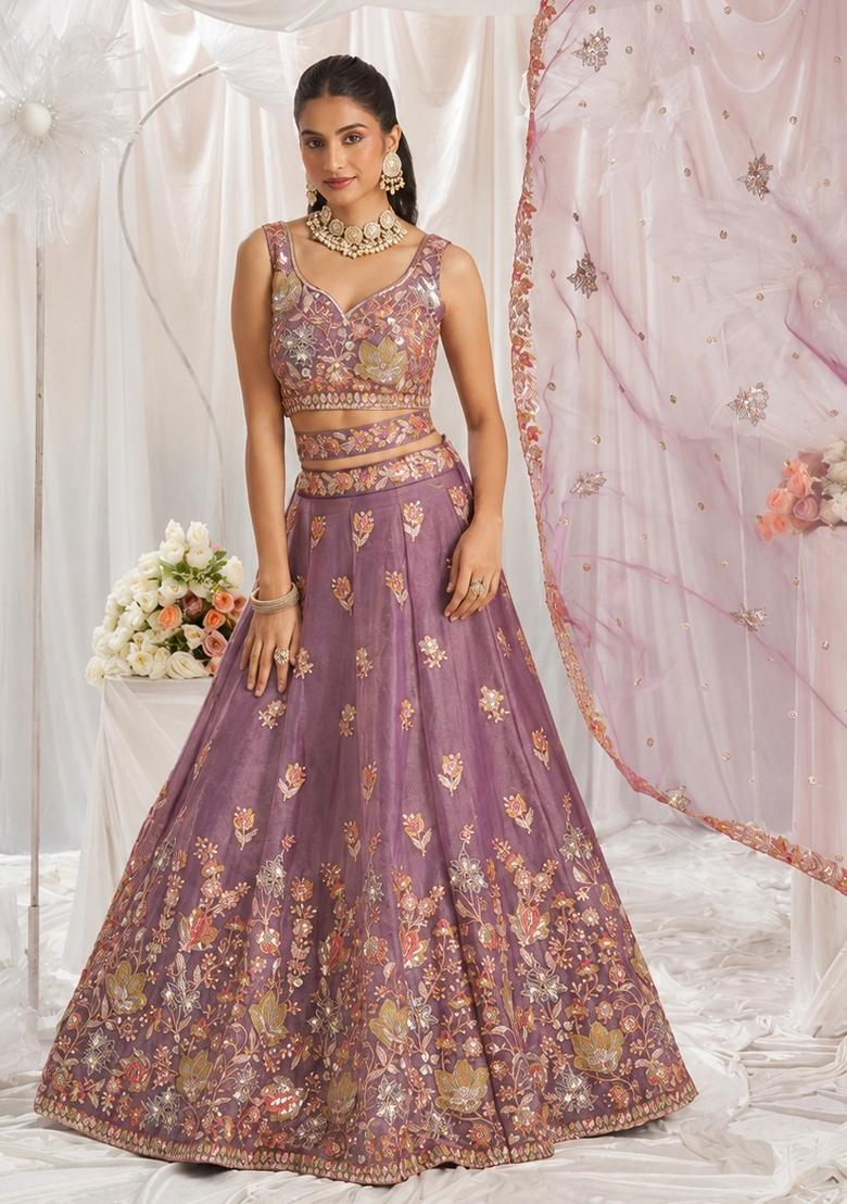 Lavender Embroidered Silk Lehenga Set - Indya