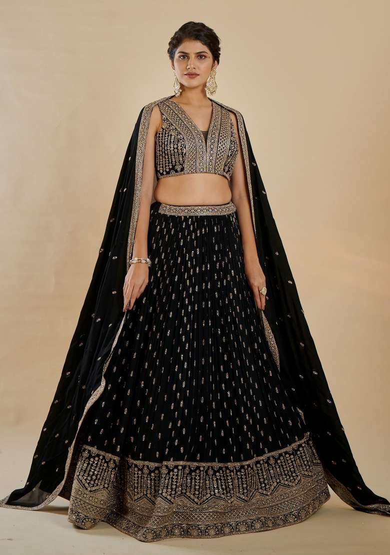 Black Georgette Lehenga Set with Embroidered for Diwali | Wedding & Festive Wear - Indya