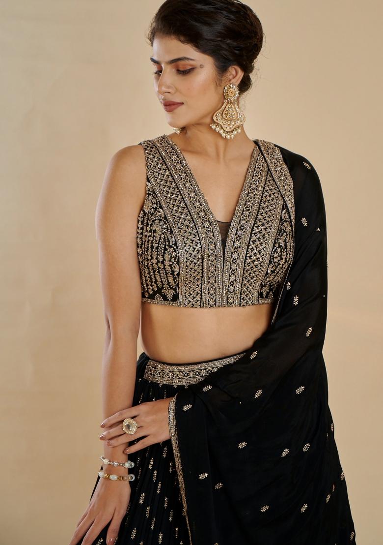 Black Embroidered Georgette Lehenga Set - Indya