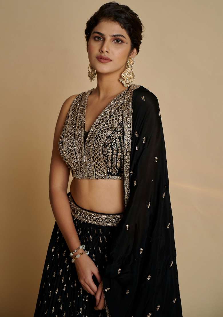 Black Georgette Lehenga Set with Embroidered for Diwali | Wedding & Festive Wear - Indya