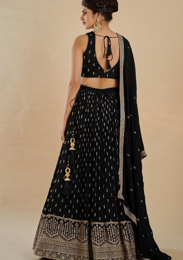 Black Embroidered Georgette Lehenga Set - Indya