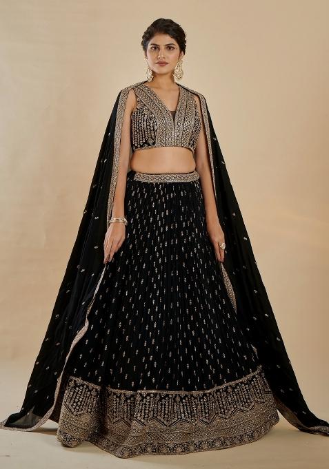 Black Embroidered Georgette Lehenga Set