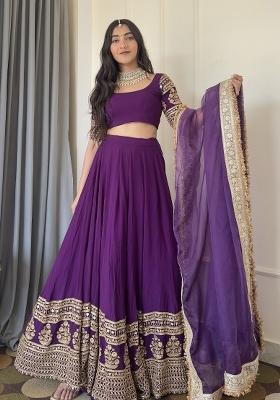 Purple Embroidered Georgette Lehenga Set