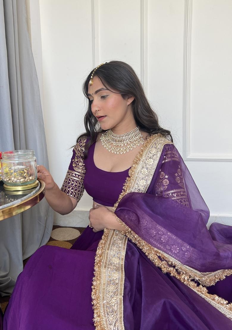 Purple Embroidered Georgette Lehenga Set - Indya