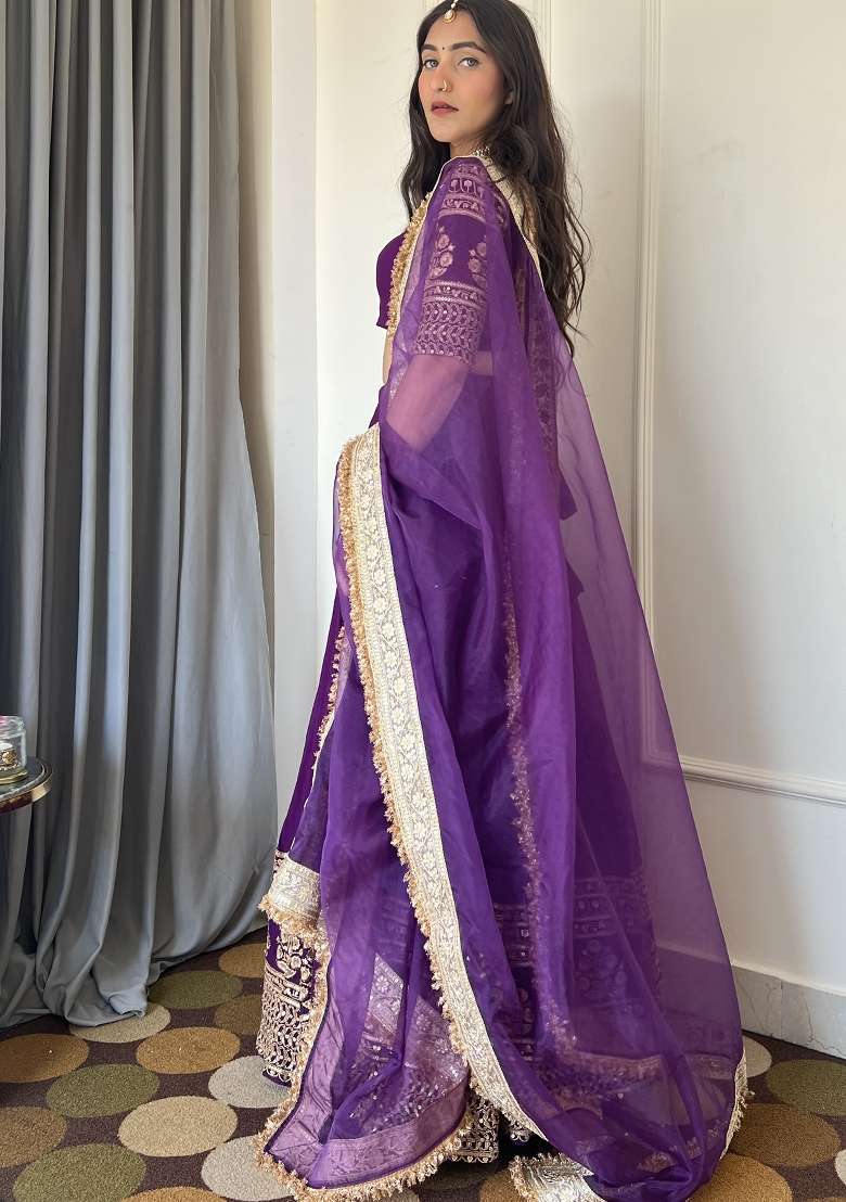 Purple Embroidered Georgette Lehenga Set for Diwali and Festive Wear - Indya
