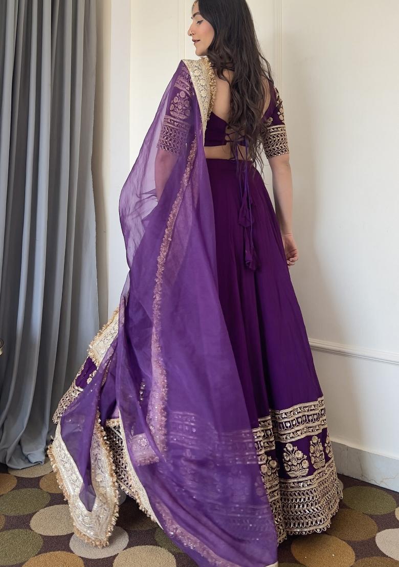 Purple Embroidered Georgette Lehenga Set - Indya