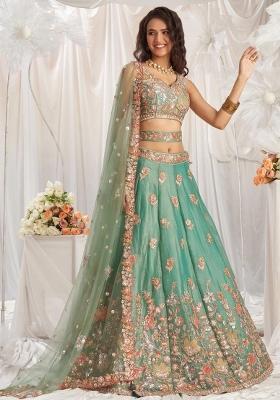 Sea Green Embroidered Silk Lehenga Set