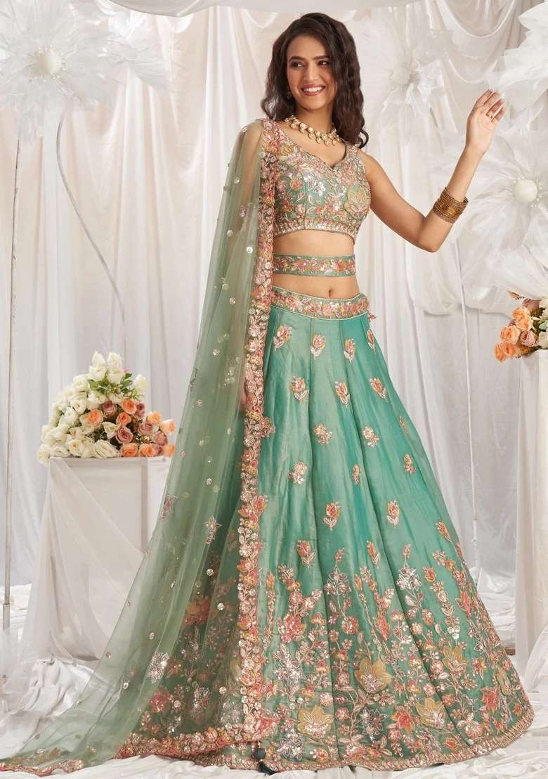 Sea Green Embroidered Silk Lehenga Set for Diwali and Festive Wear - Indya