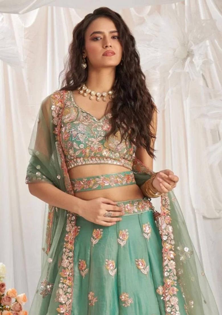 Sea Green Embroidered Silk Lehenga Set - Indya
