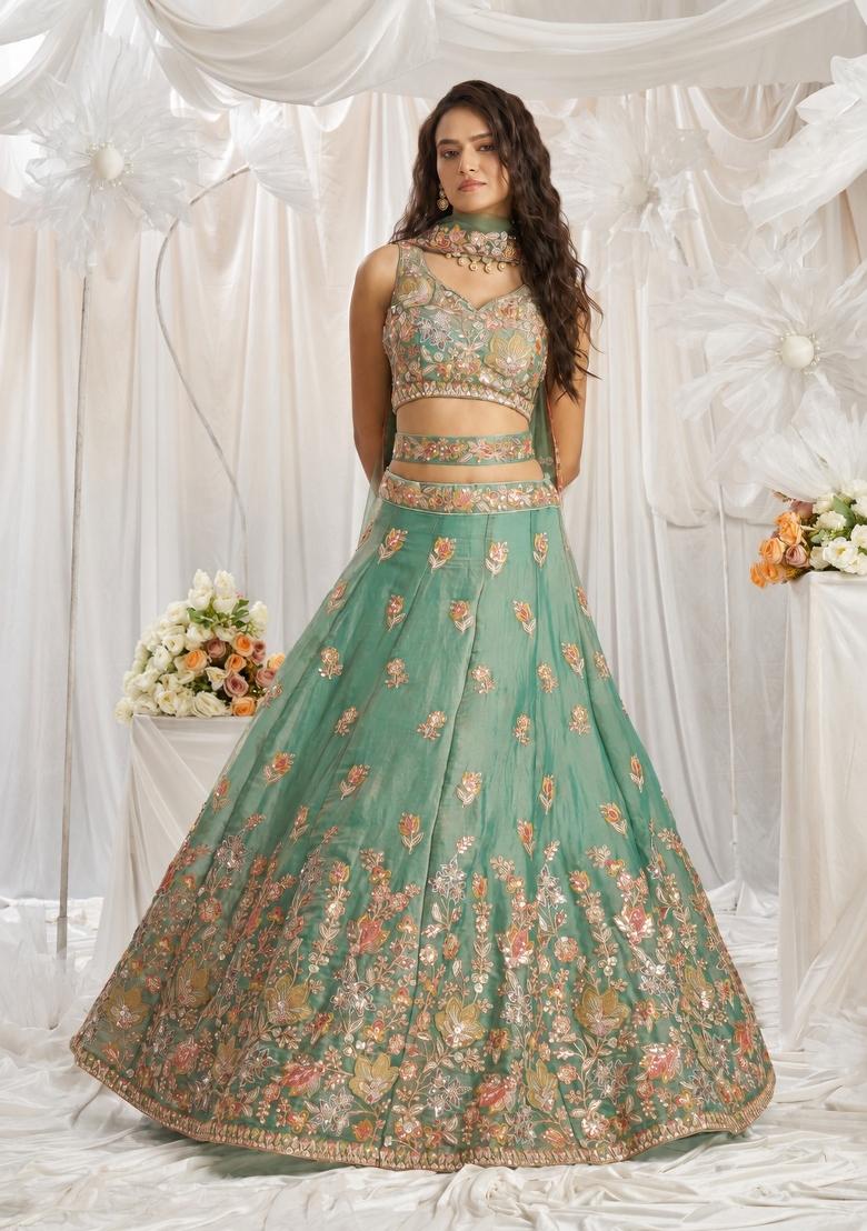 Sea Green Embroidered Silk Lehenga Set - Indya