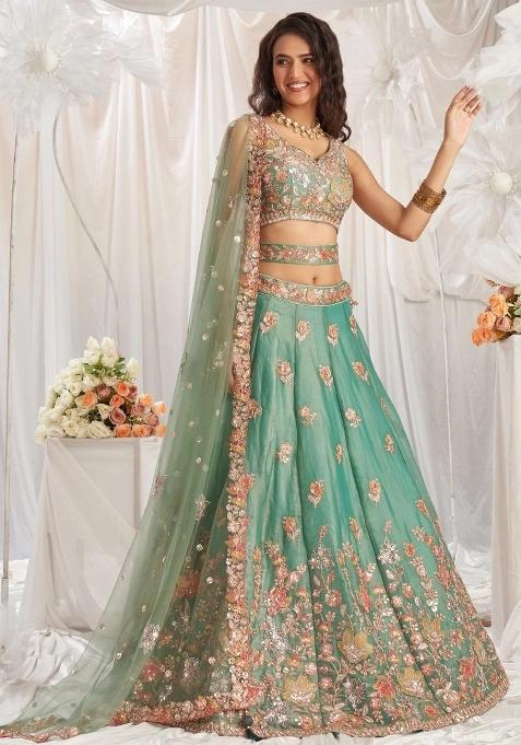 Sea Green Embroidered Silk Lehenga Set
