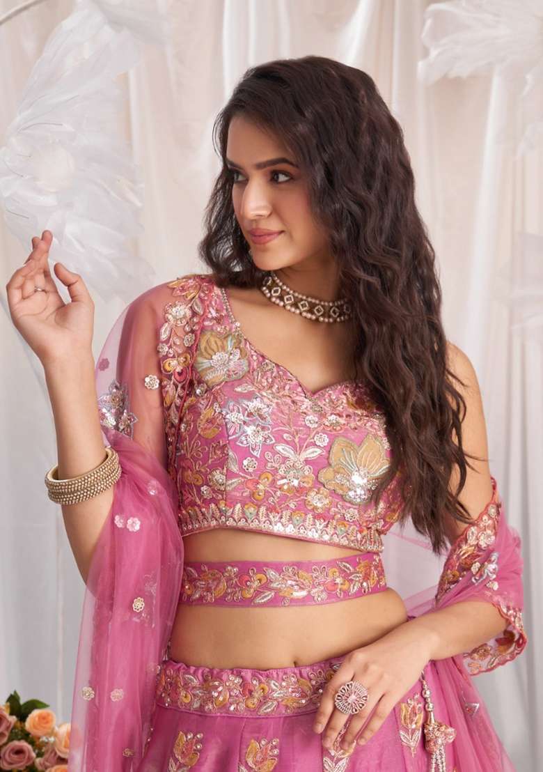Rose Pink Silk Lehenga Set with Embroidered for Diwali | Wedding & Festive Wear - Indya