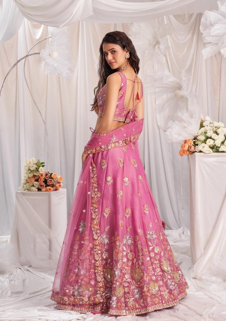 Rose Pink Embroidered Silk Lehenga Set - Indya