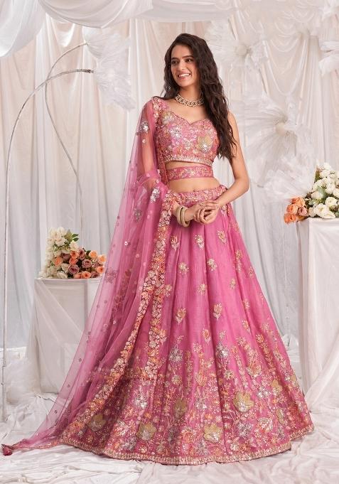 Rose Pink Embroidered Silk Lehenga Set
