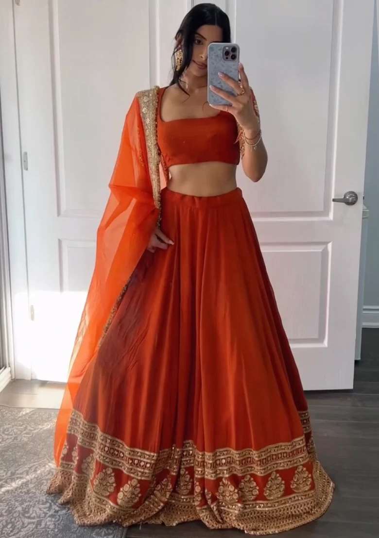 Red Embroidered Faux Blooming Lehenga Set for Diwali and Festive Wear - Indya