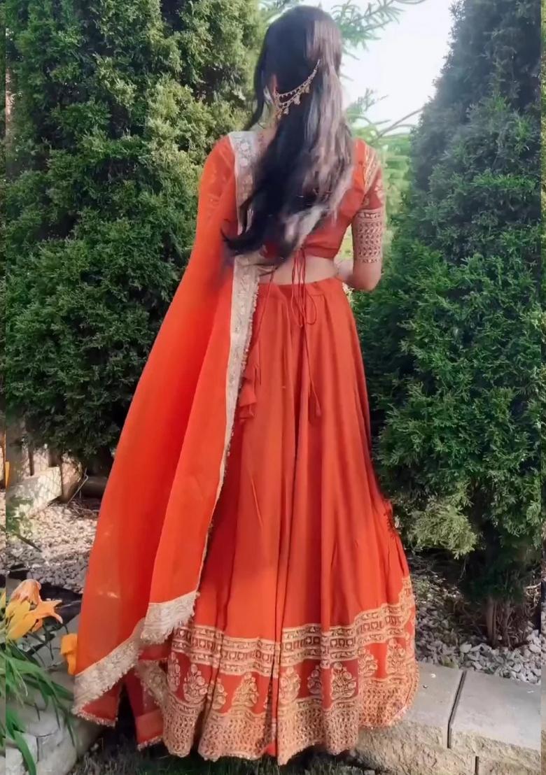 Red Embroidered Faux Blooming Lehenga Set - Indya
