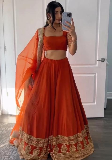 Red Embroidered Faux Blooming Lehenga Set