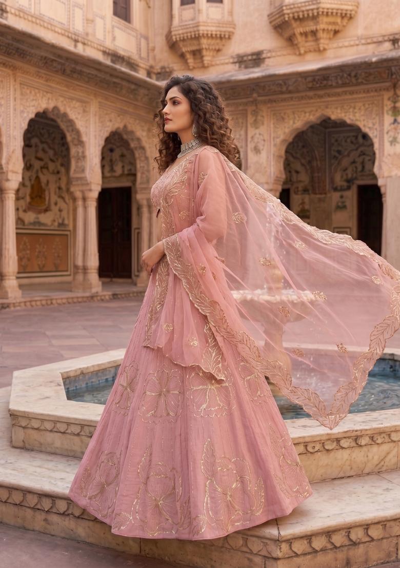 Baby Pink Embroidered Lehenga Set - Indya